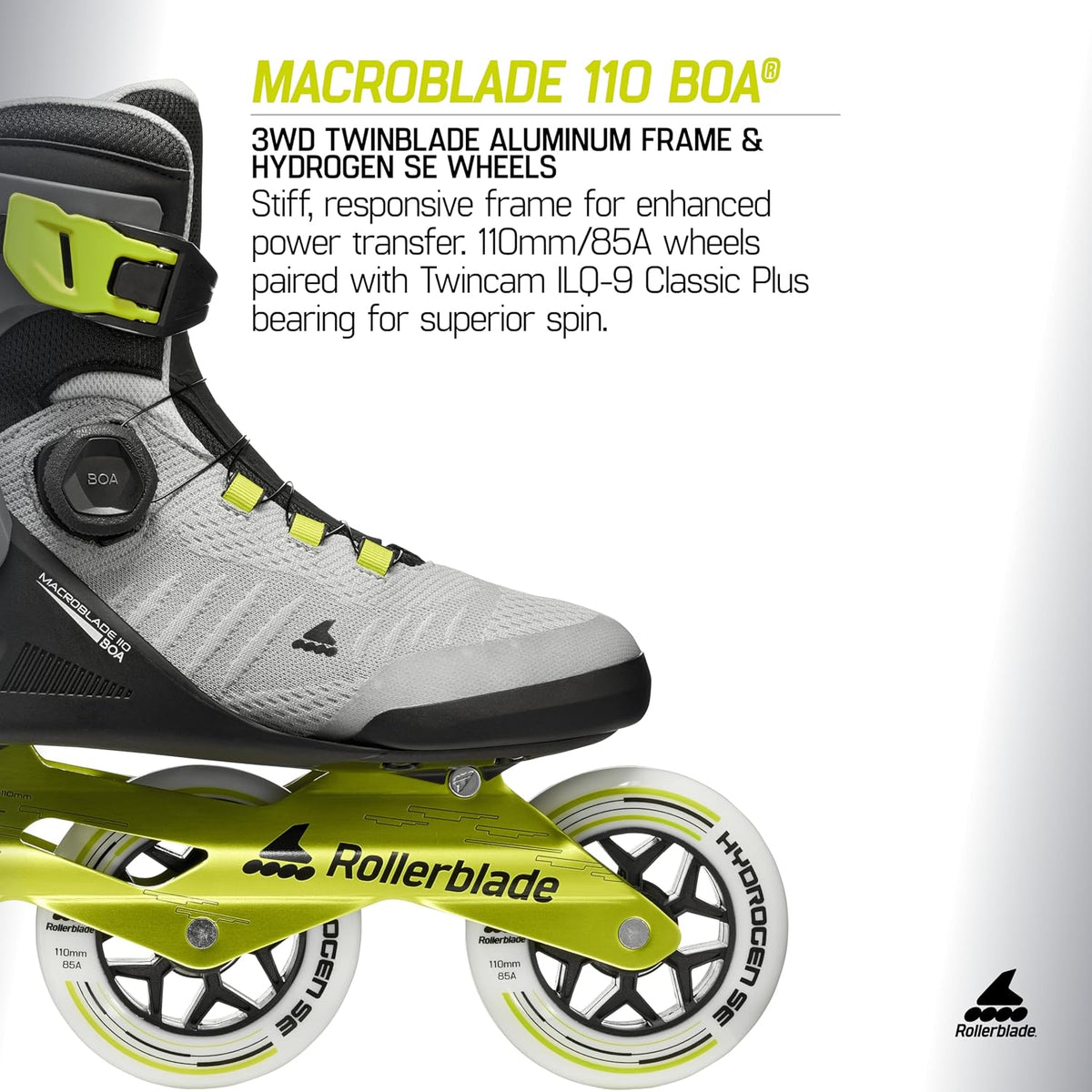 Rollerblade Macroblade 110 BOA® Unisex Adult Fitness Inline Skate, Black/Grey/Lime, Performance Inline Skates