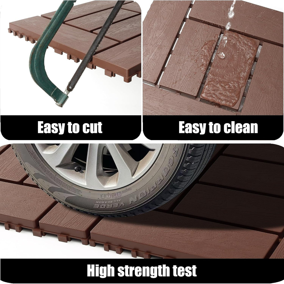Deck Tiles for Outdoor, Plastic Outdoor Flooring Tiles, Kitchen Non Slip Polypropylene DIY Interlocking Flooring Tile Waterproof for Balcony and Patio, 44 Pcs, 12"x12" Square, All Weather Use, Brown