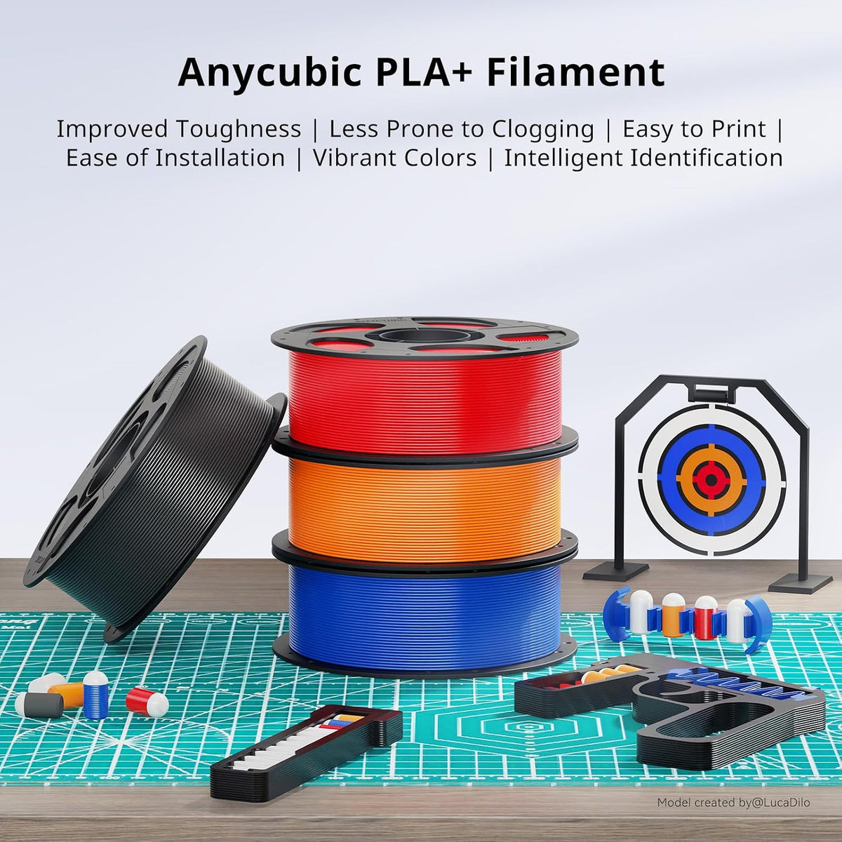 ANYCUBIC PLA Plus (PLA+), 3D Printer Filament 1.75mm Bundle, High Toughness, 1KG Spool, Black, White, Texture Grey, Pink, Red, Blue, Green, Orange, Yellow, Purple, 10KG in Total
