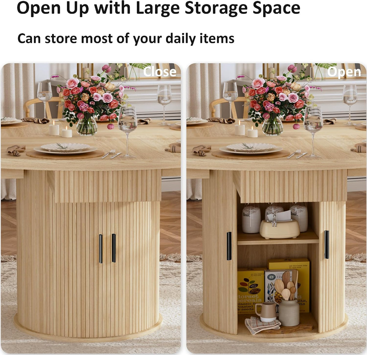 HUAHUU 47.2" Round Dining Table for 4-6, Modern Kitchen Table with 4 Drawers and 2-Tier Storage Shelf, Wooden Circle Dining Tables with Fluted Base & Sliding Door for Home Kitchen Living Room, Natural