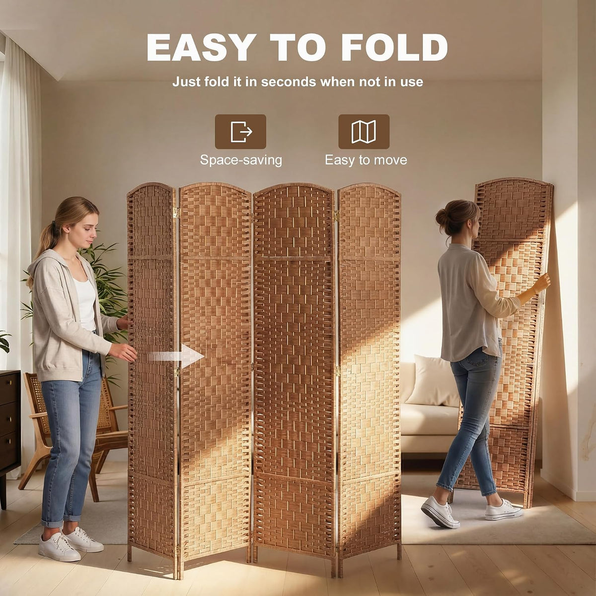 HOMCOM Room Divider 4-Panel, 6FT-Tall Folding Privacy Screen, Natural