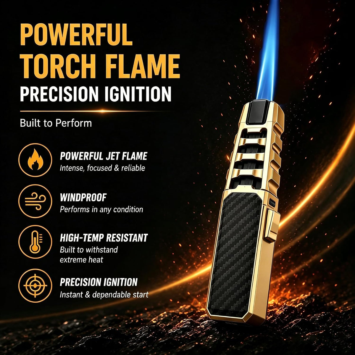Butane Torch Lighter, Windproof Straight Torch Blue Flame Lighter, Turbine Jet Torch Lighter, Refillable Kitchen Cooking Lighter with Safety Lock for BBQ, Baking(Gas Not Included) (Black+Gold)