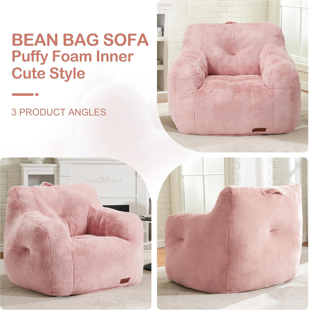 Hobestluk Furry Bean Bag Chair with Arms, Foam Filler for Adult, Pink