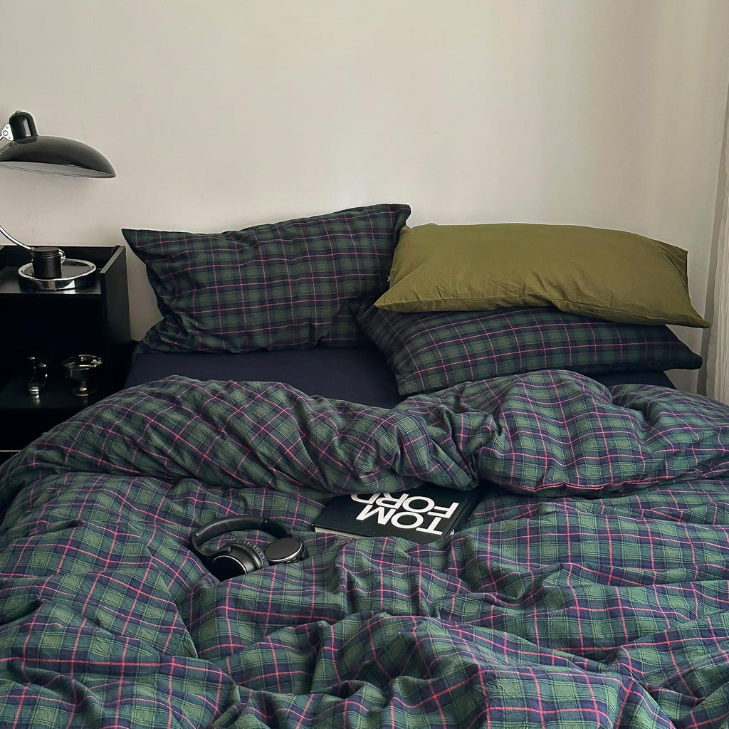 EAVD Vintage Buffalo Plaid Duvet Cover Queen Red&Black&Green Muslin Cotton