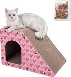 Kento 23.63" Modern Cardboard Cat Cave Scratcher with Catnip, Angled Trapezoid Hideaway House and Scratching Lounge for Indoor Cats, Heart Pattern CSR1008C