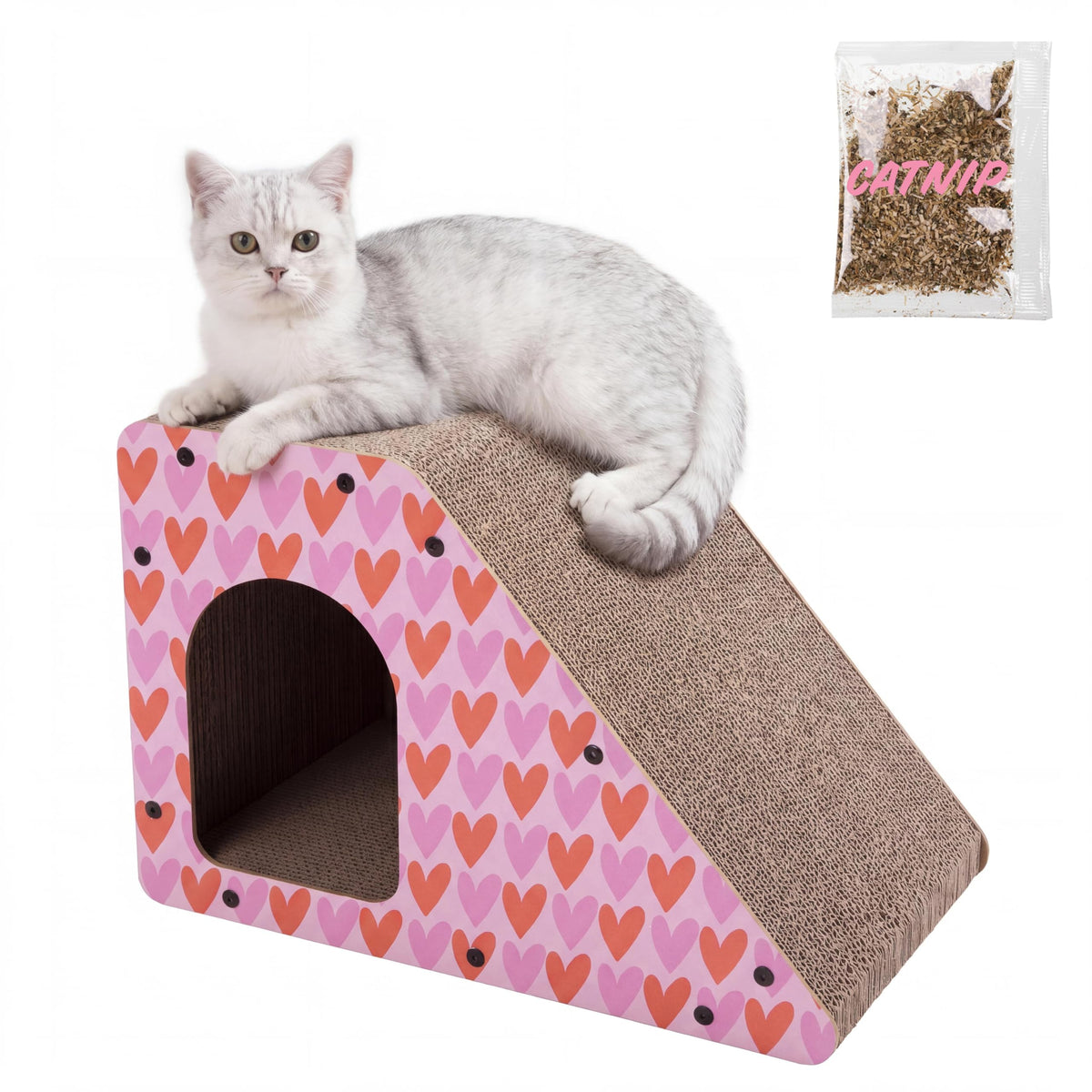 Kento 23.63" Modern Cardboard Cat Cave Scratcher with Catnip, Angled Trapezoid Hideaway House and Scratching Lounge for Indoor Cats, Heart Pattern CSR1008C