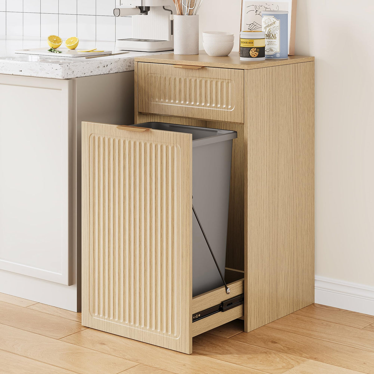 ZIFTY Pull Out Trash Can Cabinet for 13 Gallon Bin, Laundry Hamper, White