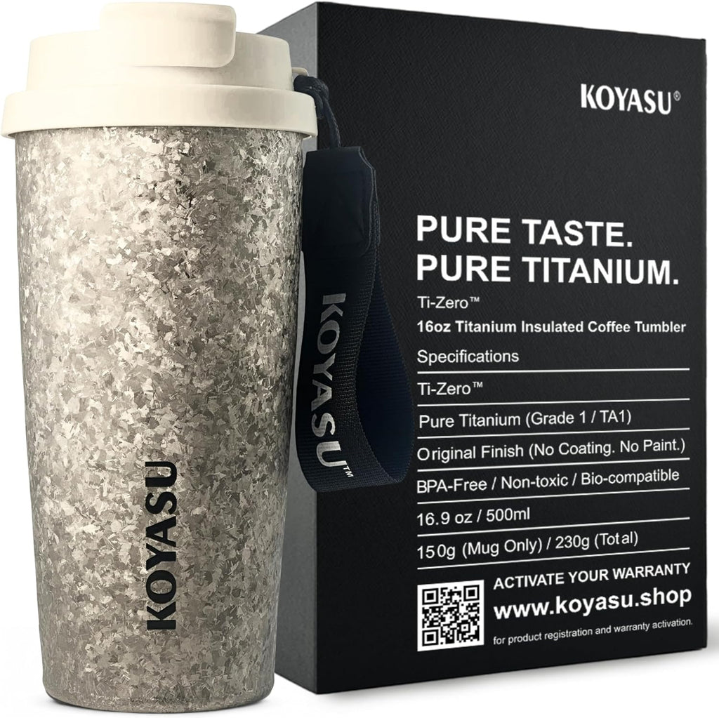 KOYASU Ti-Zero 16oz Pure Titanium Cup - Ultralight Camping Gear - 42% Lighter than Steel, Rugged Crystallized Matte Finish for Hiking & High-Performance Adventure, Double Wall Vacuum Flask (Frost)