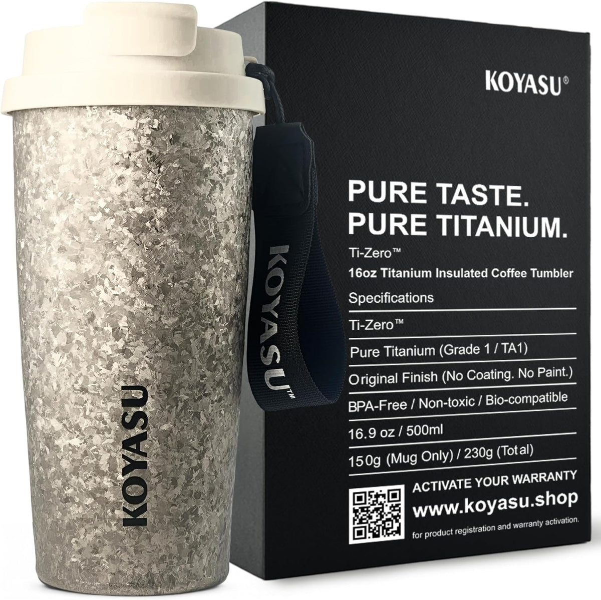 KOYASU Ti-Zero 16oz Pure Titanium Cup - Ultralight Camping Gear - 42% Lighter than Steel, Rugged Crystallized Matte Finish for Hiking & High-Performance Adventure, Double Wall Vacuum Flask (Frost)