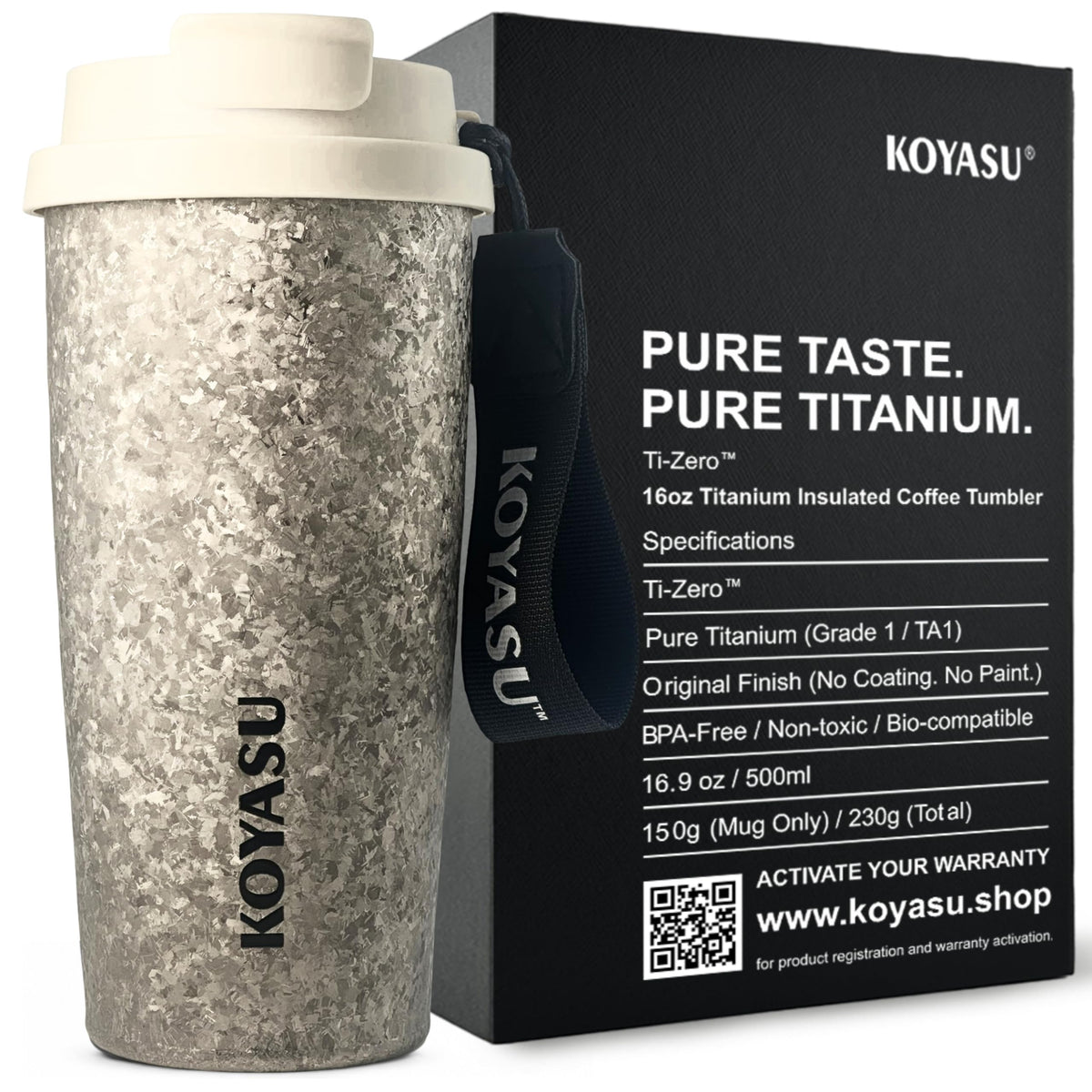 KOYASU Ti-Zero 16oz Pure Titanium Cup - Ultralight Camping Gear - 42% Lighter than Steel, Rugged Crystallized Matte Finish for Hiking & High-Performance Adventure, Double Wall Vacuum Flask (Frost)