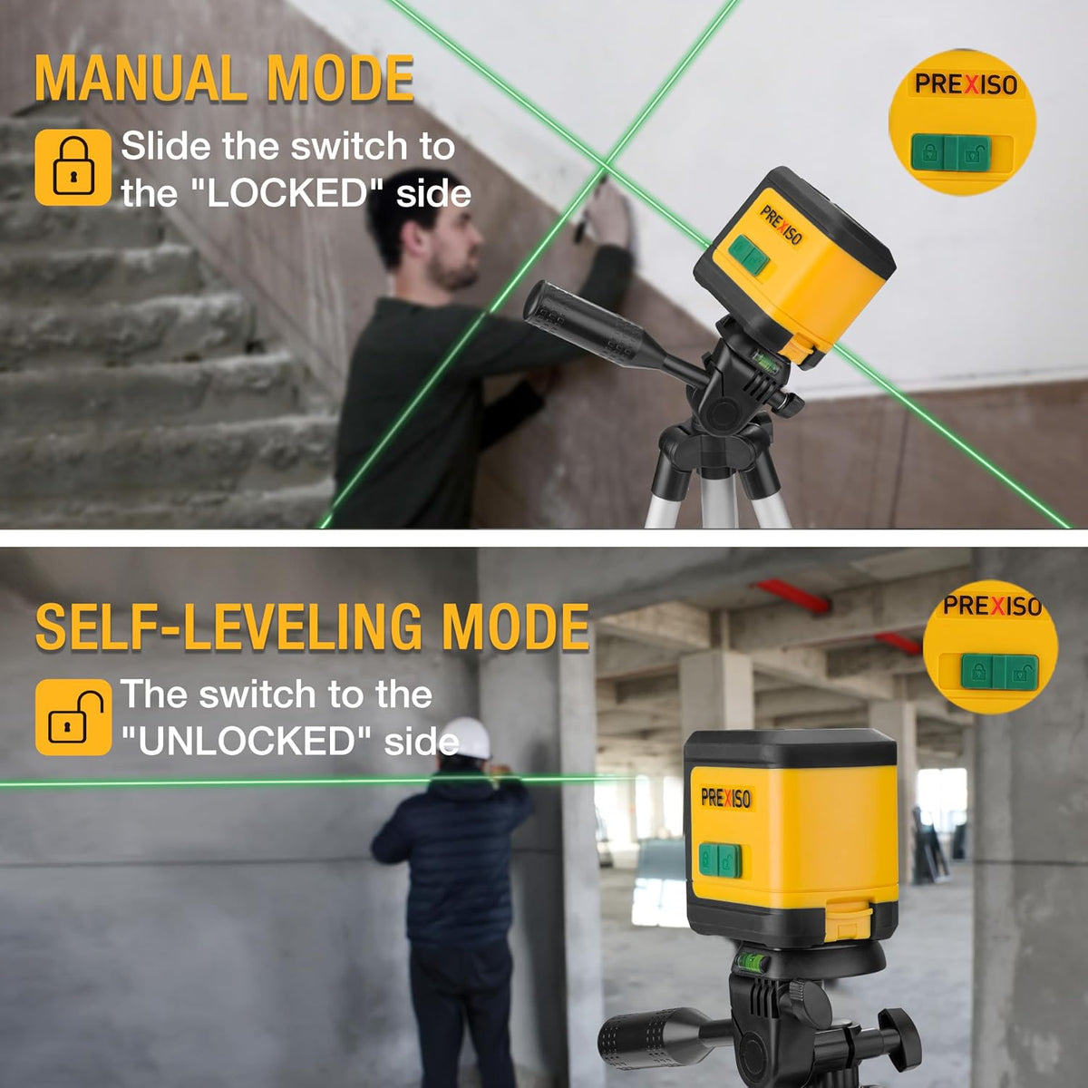 PREXISO Laser Level with Tripod, 100Ft Dual Modules Cross Line Laser Level
