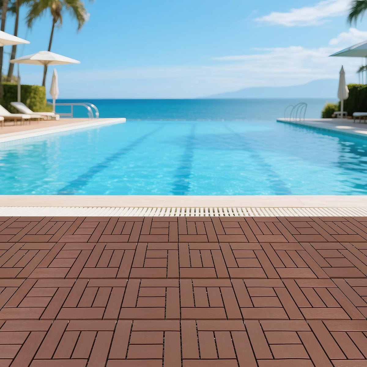 Deck Tiles for Outdoor, Plastic Outdoor Flooring Tiles, Kitchen Non Slip Polypropylene DIY Interlocking Flooring Tile Waterproof for Balcony and Patio, 44 Pcs, 12"x12" Square, All Weather Use, Brown