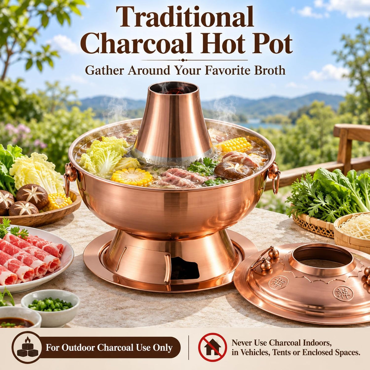 Charcoal Hot Pot, Chinese Charcoal Hot Pot Cooker for Camping (Silver)
