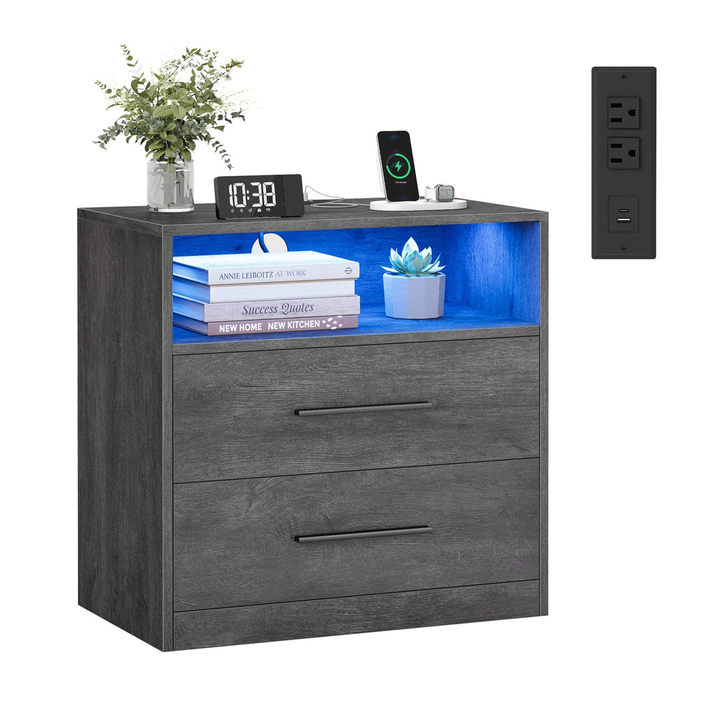 VASAGLE 23.6‑Inch Wide Nightstands, Set of 2, LED Lights, 2 Drawers
