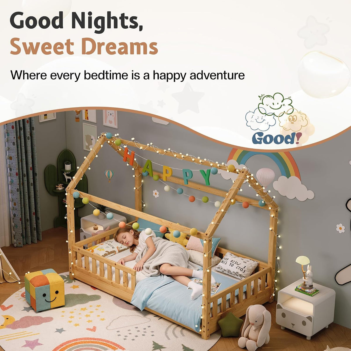 Jocisland Twin Size House Bed for Kids with Guardrails, Natural Wood