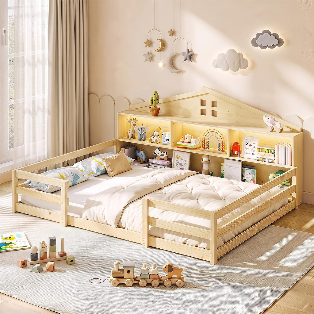 GIANTEX Twin Floor Bed with Fence for Kids, Wooden Montessori Bed Frame with Lockable Door & Guardrails, Low Floor Beds for Kids, Boys, Girls, No Box Spring Needed, Without Wood Slats, White