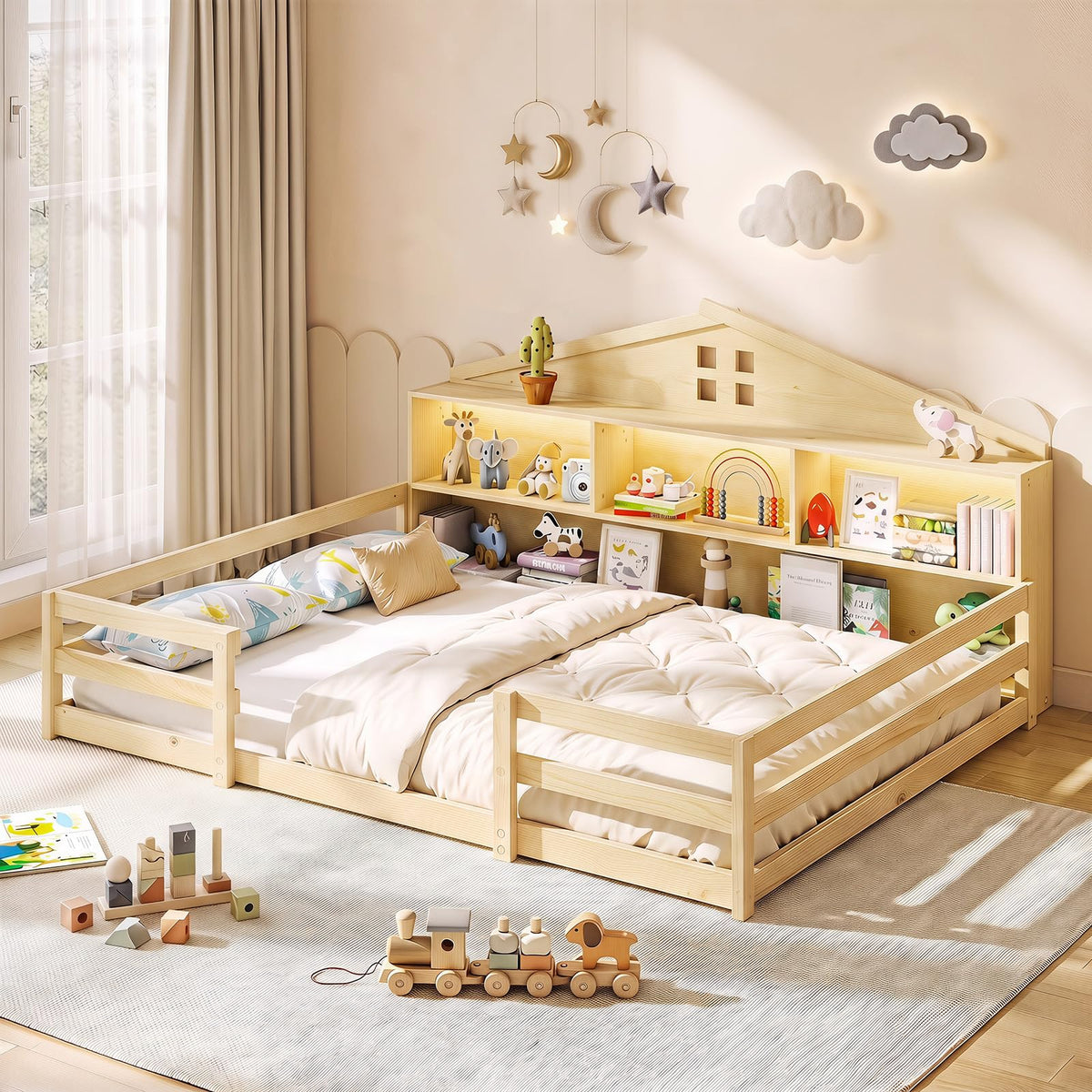 GIANTEX Twin Floor Bed with Fence for Kids, Wooden Montessori Bed Frame with Lockable Door & Guardrails, Low Floor Beds for Kids, Boys, Girls, No Box Spring Needed, Without Wood Slats, White