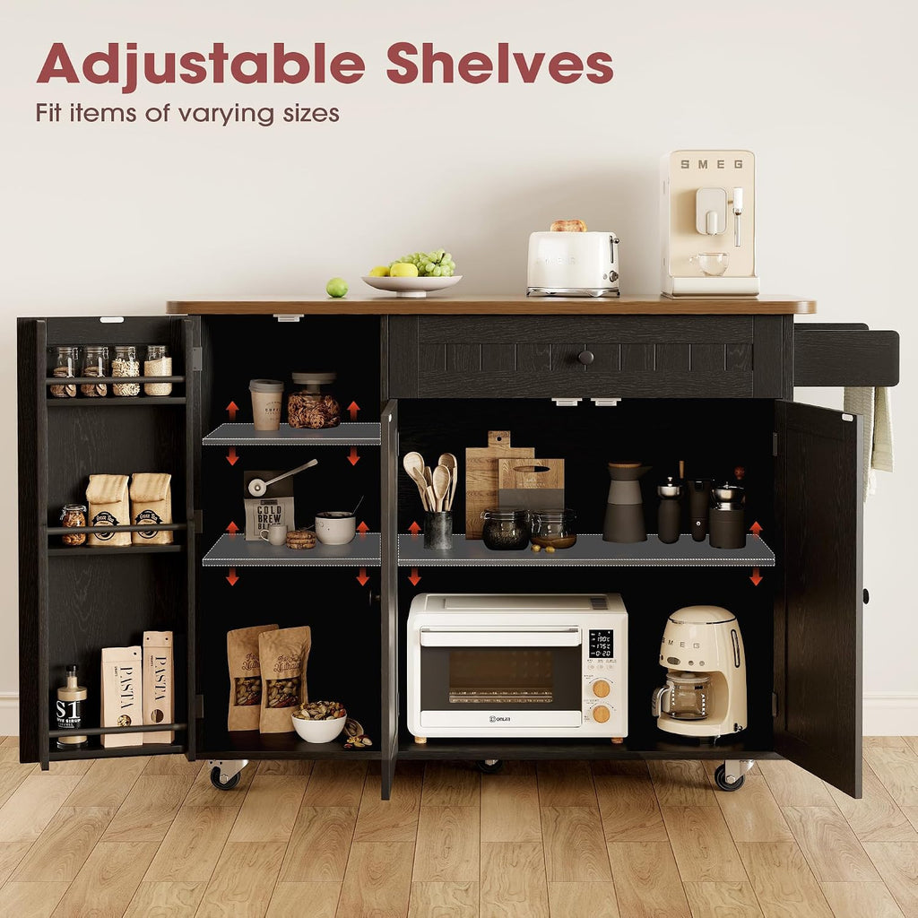 GRUSIGN 41.7" Rolling Kitchen Island Cart with Drop Leaf Storage, Black