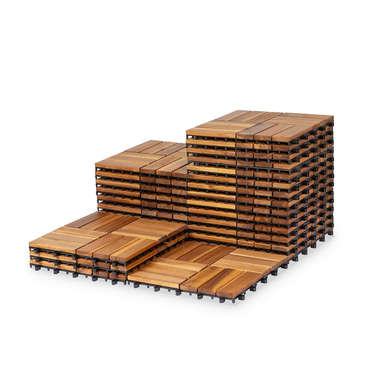 VICTORY RELAX Natural Acacia 12x12 Interlocking Wood Deck Tiles for Balcony, Garden, Patio, Poolside Decor - Waterproof Indoor & Outdoor Flooring - 12 Slats, Round Joints, Pack of 27, Natural Color