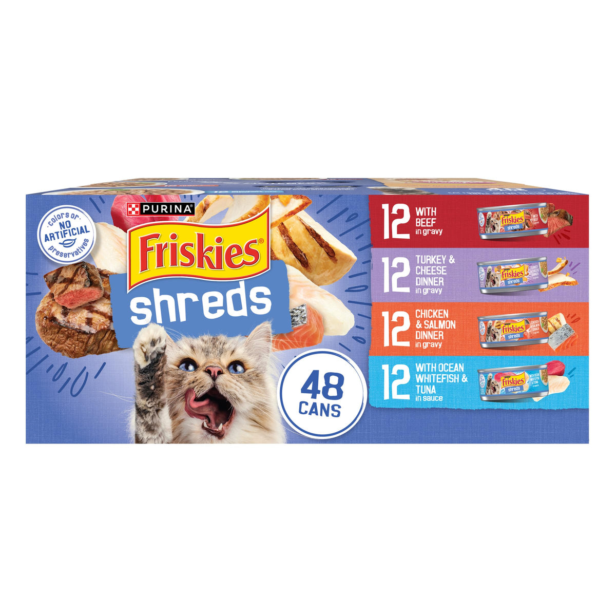 Friskies Purina Wet Cat Food Variety Pack, Shreds with Beef, Turkey & Cheese Dinner, Chicken & Salmon Dinner, and with Ocean Whitefish and Tuna - 5.5 oz. Cans (Pack of 80)
