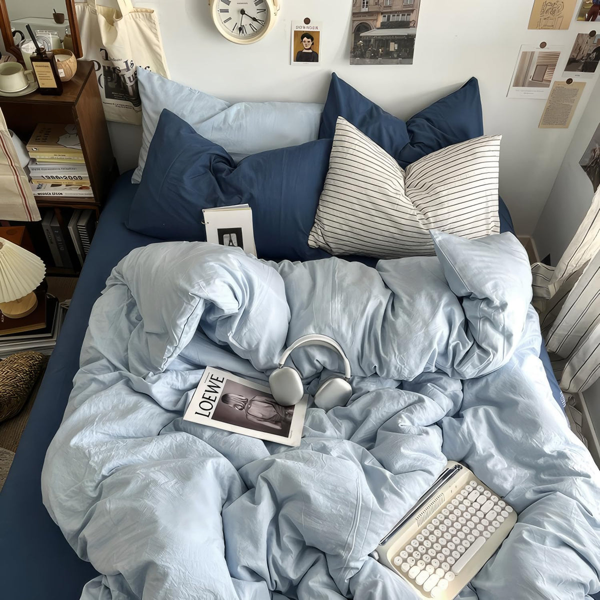 mixinni Vintage Buffalo Plaid Duvet Cover Set Queen Size - 3 Piece Washed Cotton Bedding Set with Grid Pattern, Soft & Breathable Duvet Cover with Pillowcases for All Seasons,(Brown & Blue,Beige)