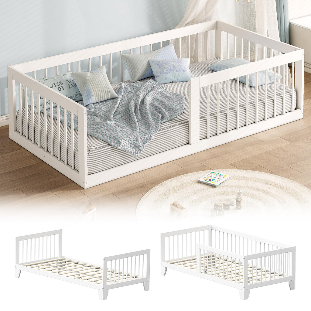EXPERLAM Montessori Toddler Bed, Variable Twin Floor Bed Frame with Removable Guardrails and Legs, Low Wooden Kids Bed with 10 Slats and Supporting keel, Crib-to-Bed Transition for Bedroom or Nursery