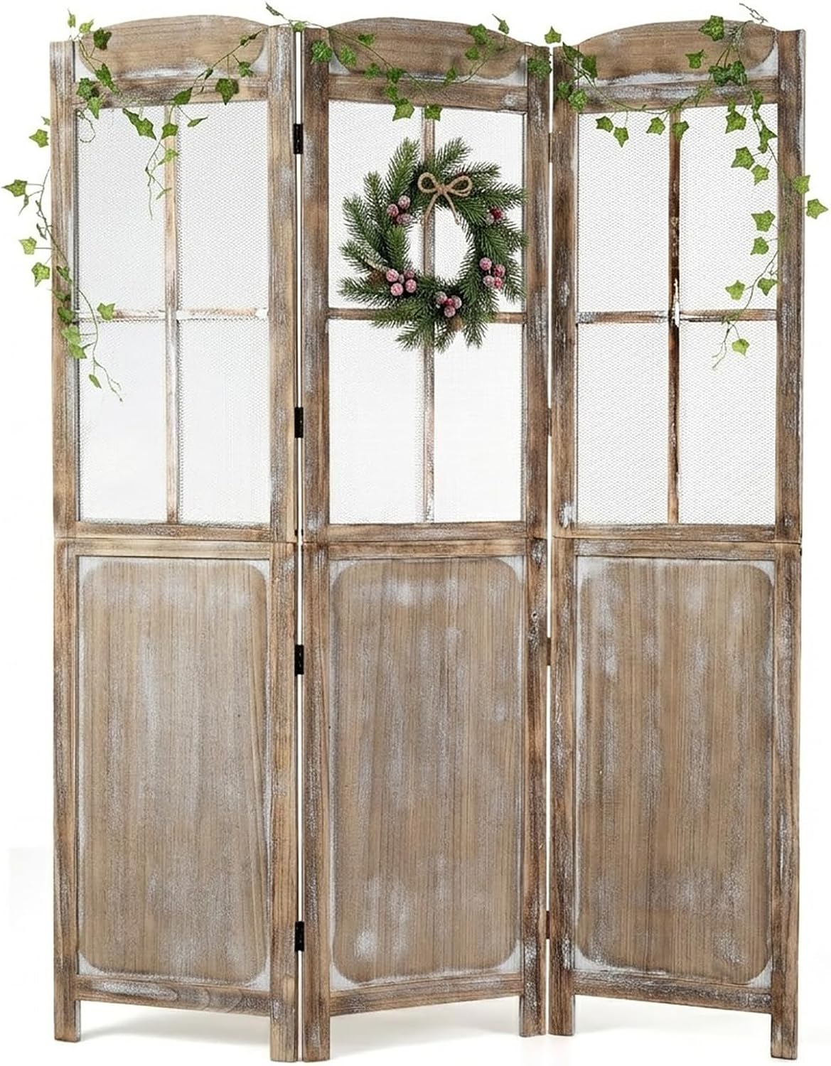 GIANTEX 3 Panel Folding Room Divider with Mesh Window, Distressed Brown
