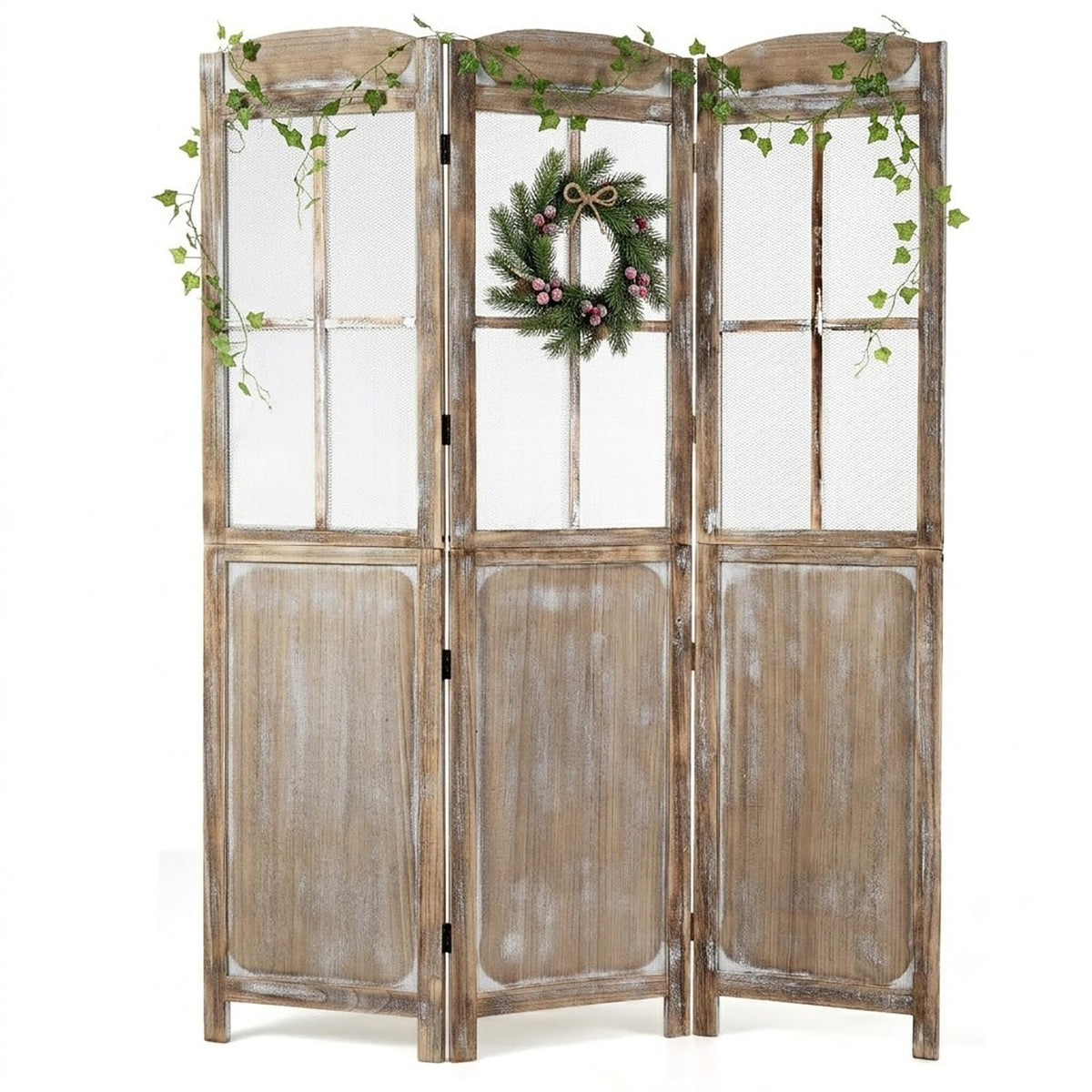 GIANTEX 3 Panel Folding Room Divider with Mesh Window, Distressed Brown