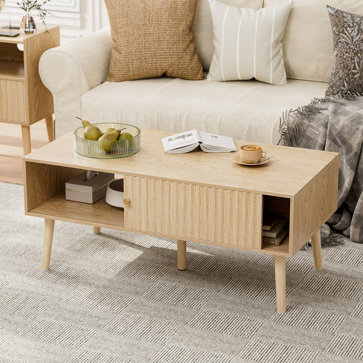 LCRBOL Coffee Table with Fluted Sliding Door, Mid-Century, Walnut