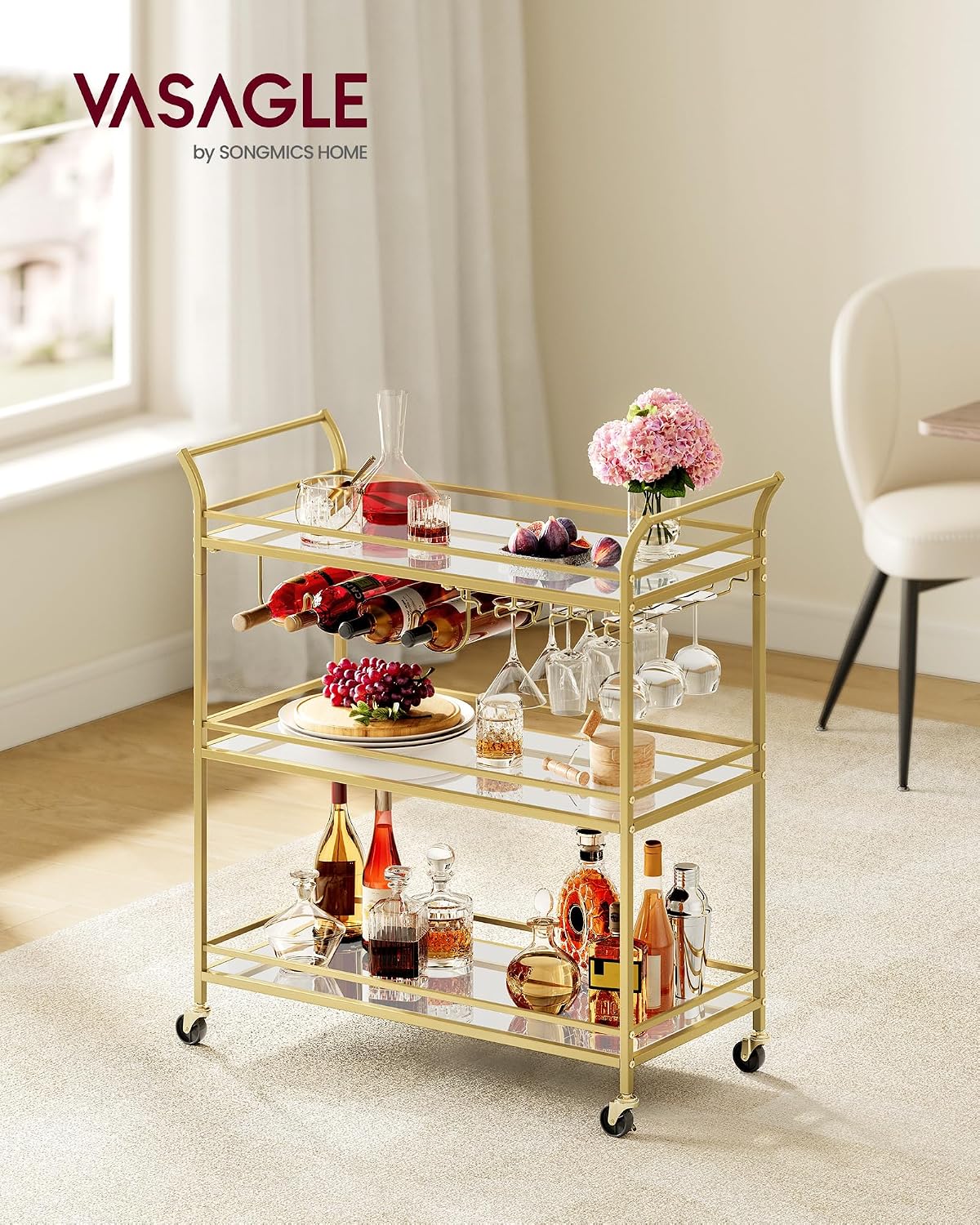 VASAGLE Bar Cart Gold, Large Home Bar Serving Cart with 3-Tier