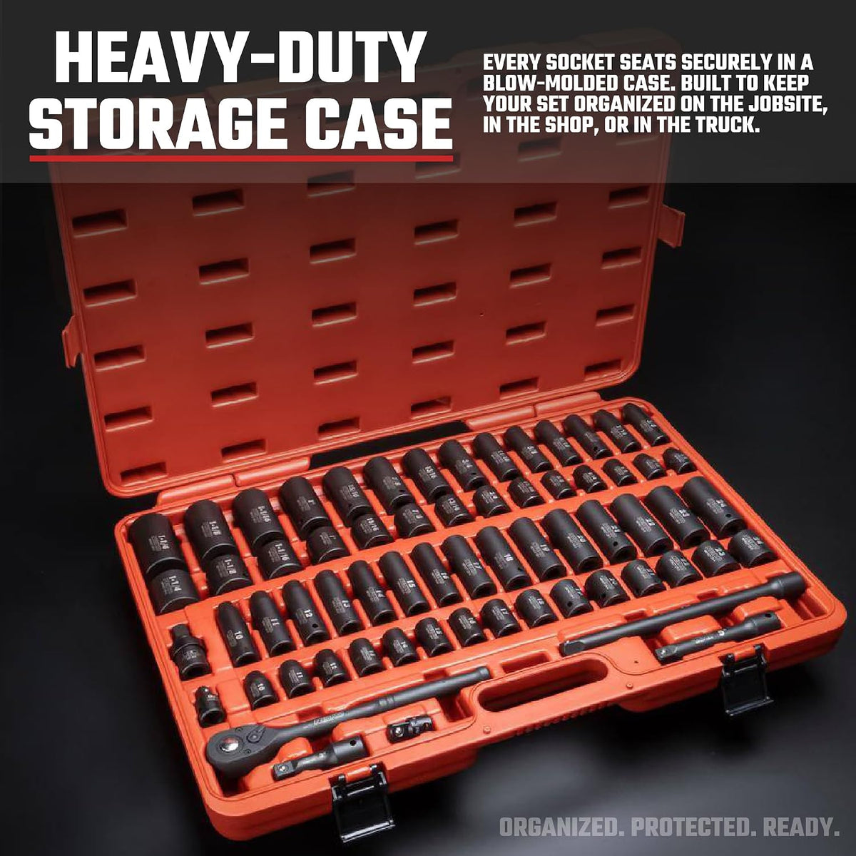 NEIKO 02448A 1/2" Drive Master Impact Socket Set, 65 Piece, Standard SAE (3/8"-1-1/4") & Metric (10-24 mm) Sizes, Deep & Shallow Kit, Includes Adapters & Ratchet Handle