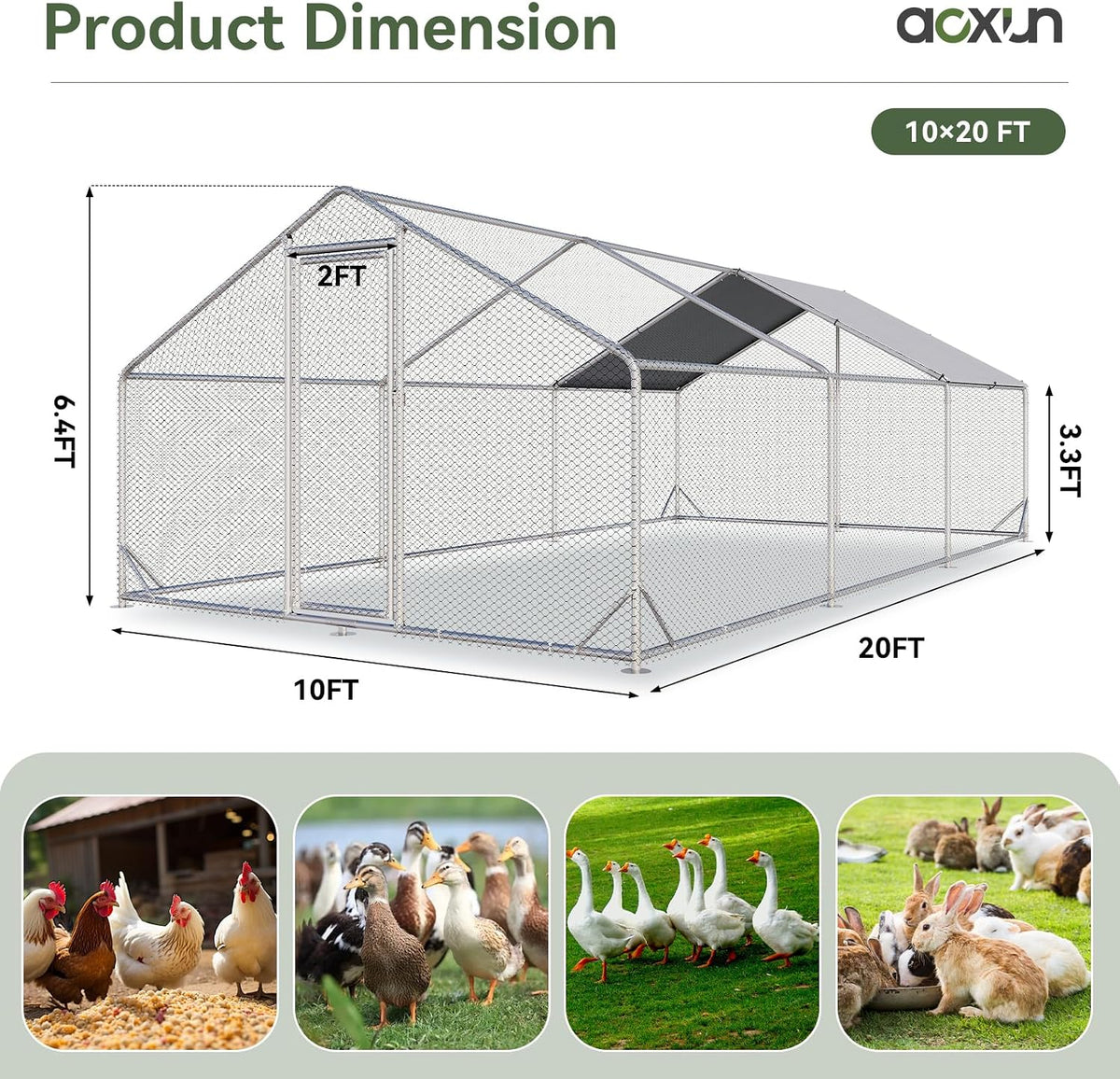 Aoxun Large Metal Chicken Coop, Outdoor Chicken Runs for Yard with Cover, Spire Roof Hen House Enclosure with Security Lock, Walk-in Cage Peak Hen House for Yard Farm (10x20x6.4 FT)