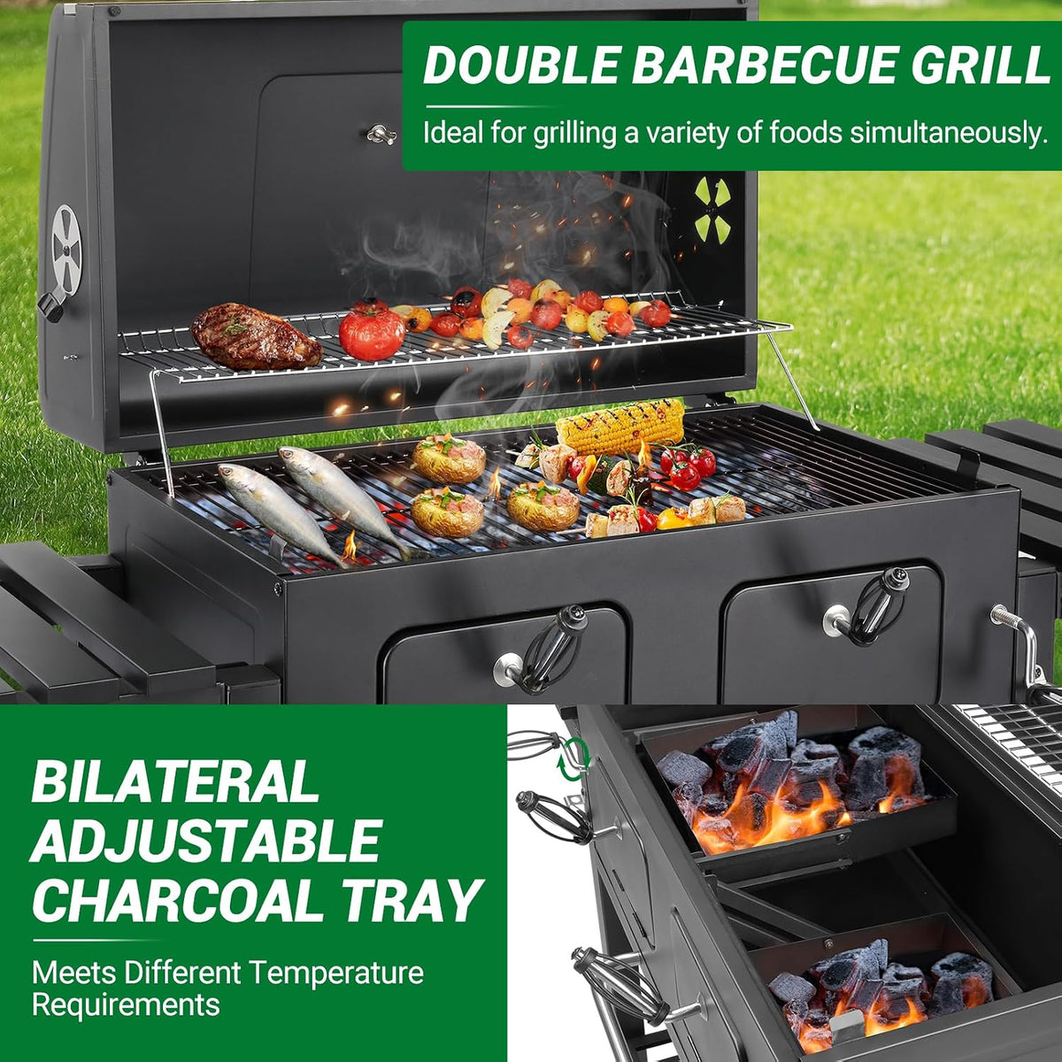 Outvita Extra Large Charcoal BBQ Grill, Two Individual Charcoal Tray