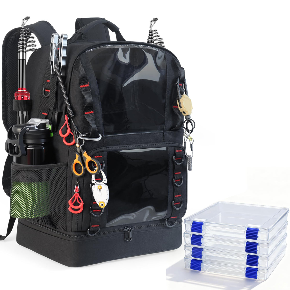 Fishing Tackle Backpack with Cooler,45L Large Tackle Bag with 2 Rod Holders & Clear Window,Outdoor Fishing Backpack for Fishing,Camping,Hiking,Black