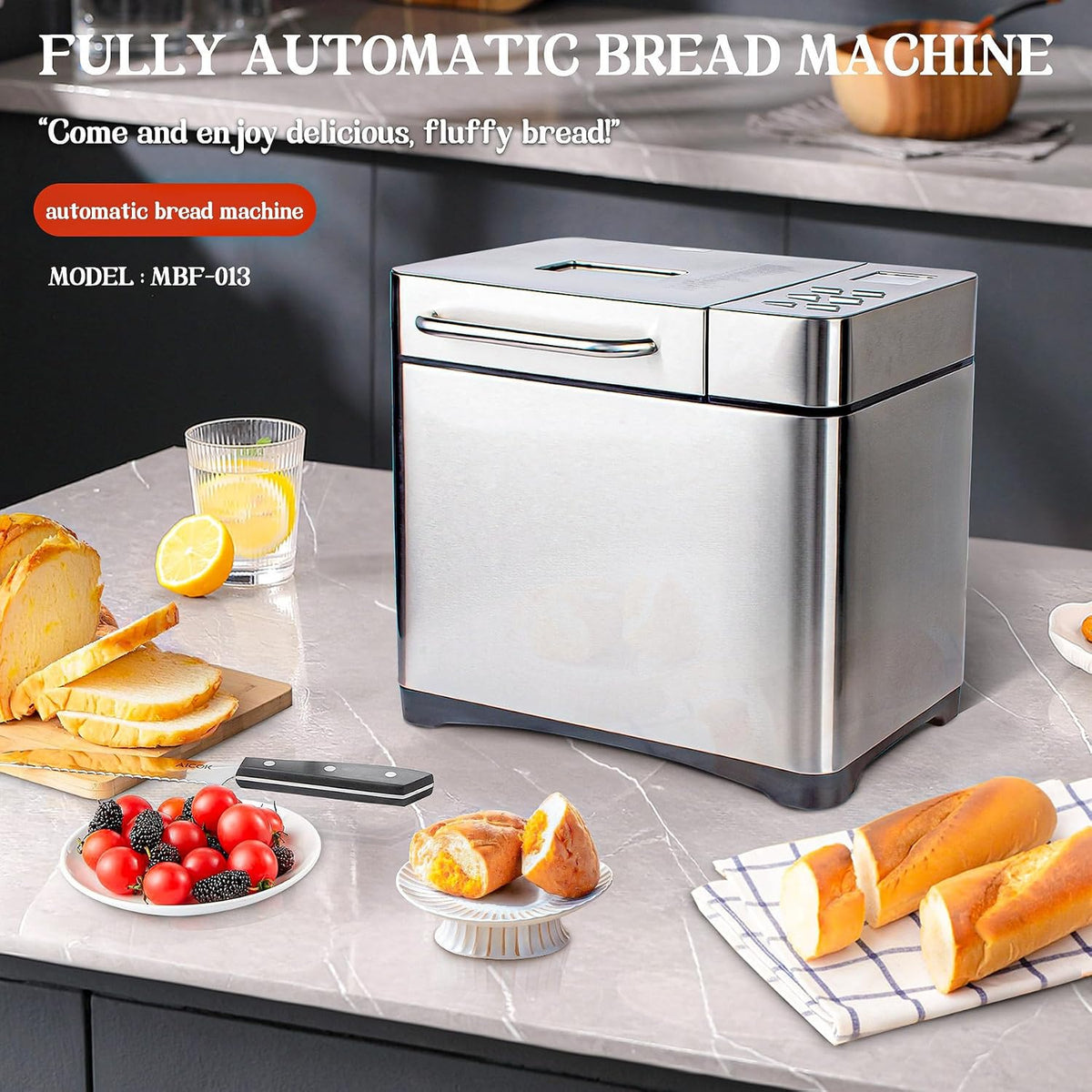 Stainless Steel Bread Machine, 2LB 17-in-1 Bread Maker with Fruit Nut Dispenser, Nonstick Ceramic Pan& Digital Touch Panel, 3 Loaf Sizes 3 Crust Colors
