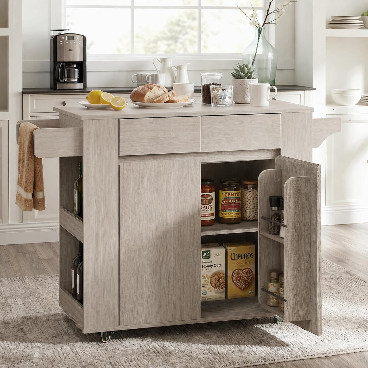 ModernMate 51'' Mobile Kitchen Island with Drop Leaf, Rolling Kitchen Cart with Drawrs & Storage Cabinet on Wheels, Portable Island Table with Spice Rack & Towel Rack for Dining Room, White Oak Gray