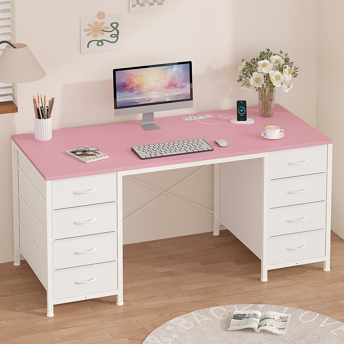 50 Inch Computer Desk with 8 Drawers for Home Office, Bedroom, Living Room