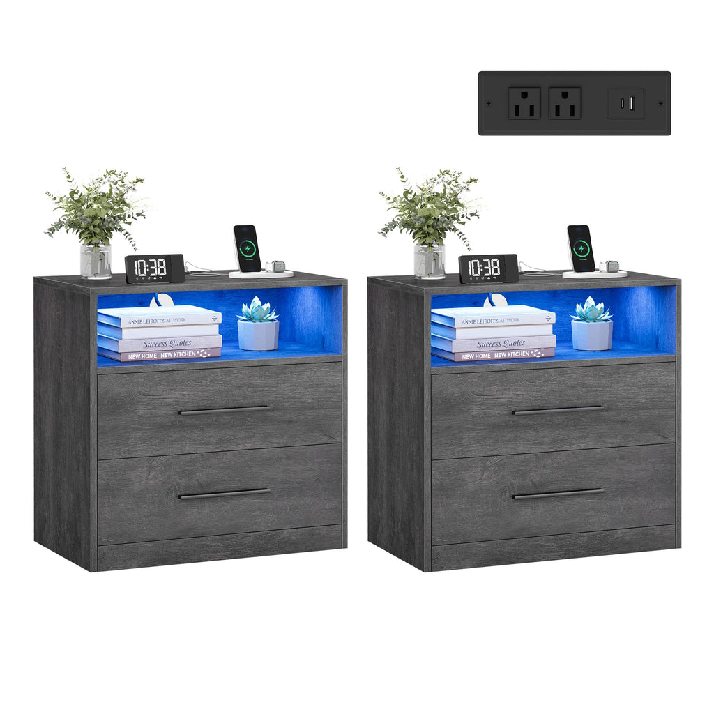 VASAGLE 23.6‑Inch Wide Nightstands, Set of 2, LED Lights, 2 Drawers