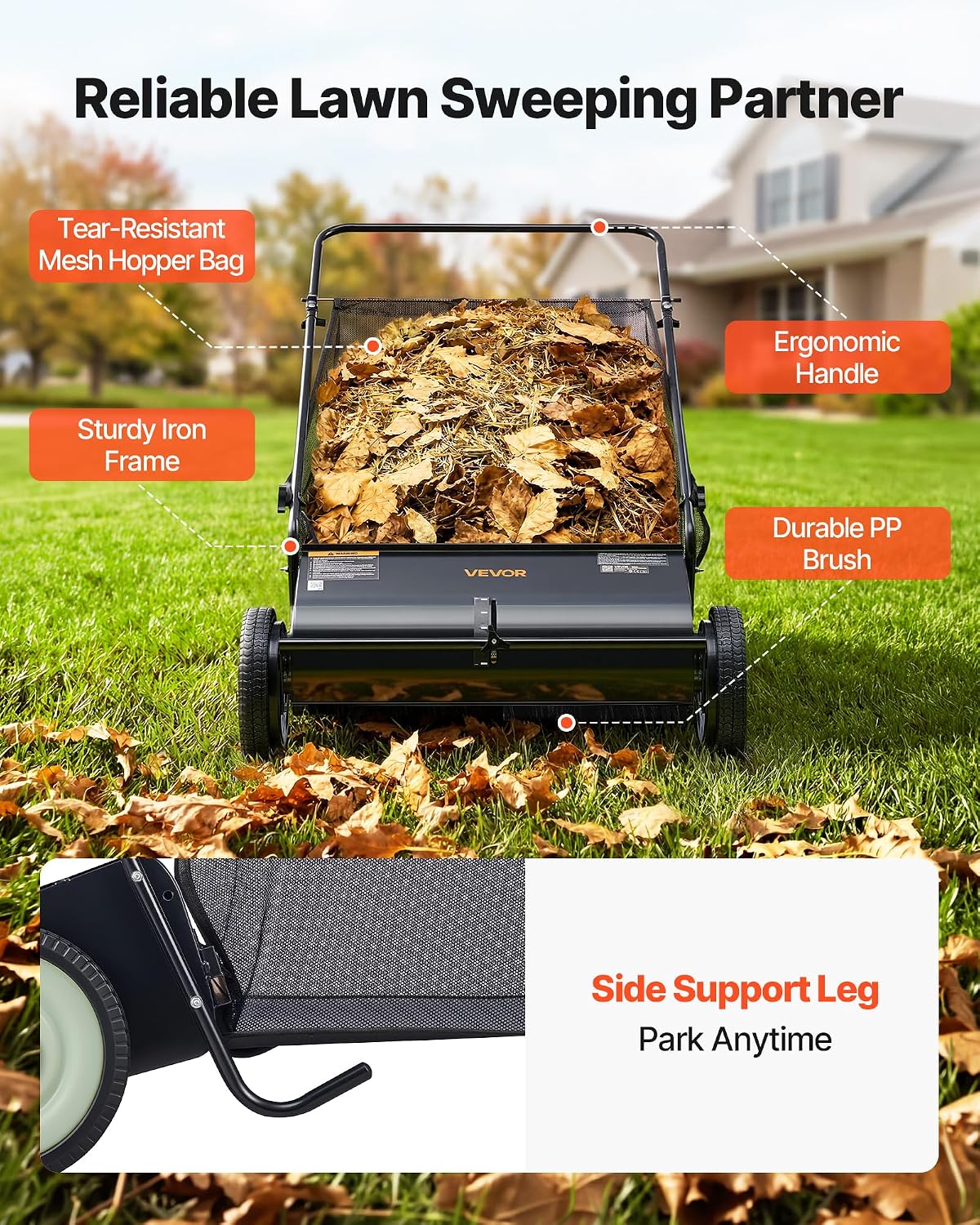 VEVOR Push Lawn Sweeper 26 Inch Leaf & Grass Collector 7 cu. ft. Hopper Bag