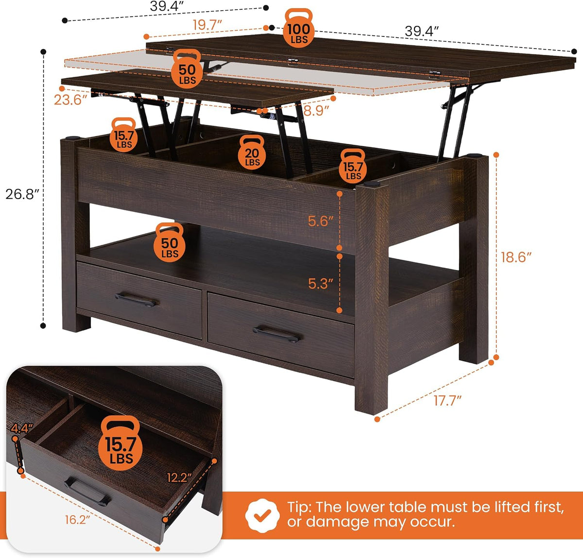 40" Lift Top Coffee Table, 4 in 1 Square Coffee Table with Storage Shelf & 2 Drawers, Modern Coffee Tables with Lift Tabletop, Converts to Dining Table for Living Room, Home Office