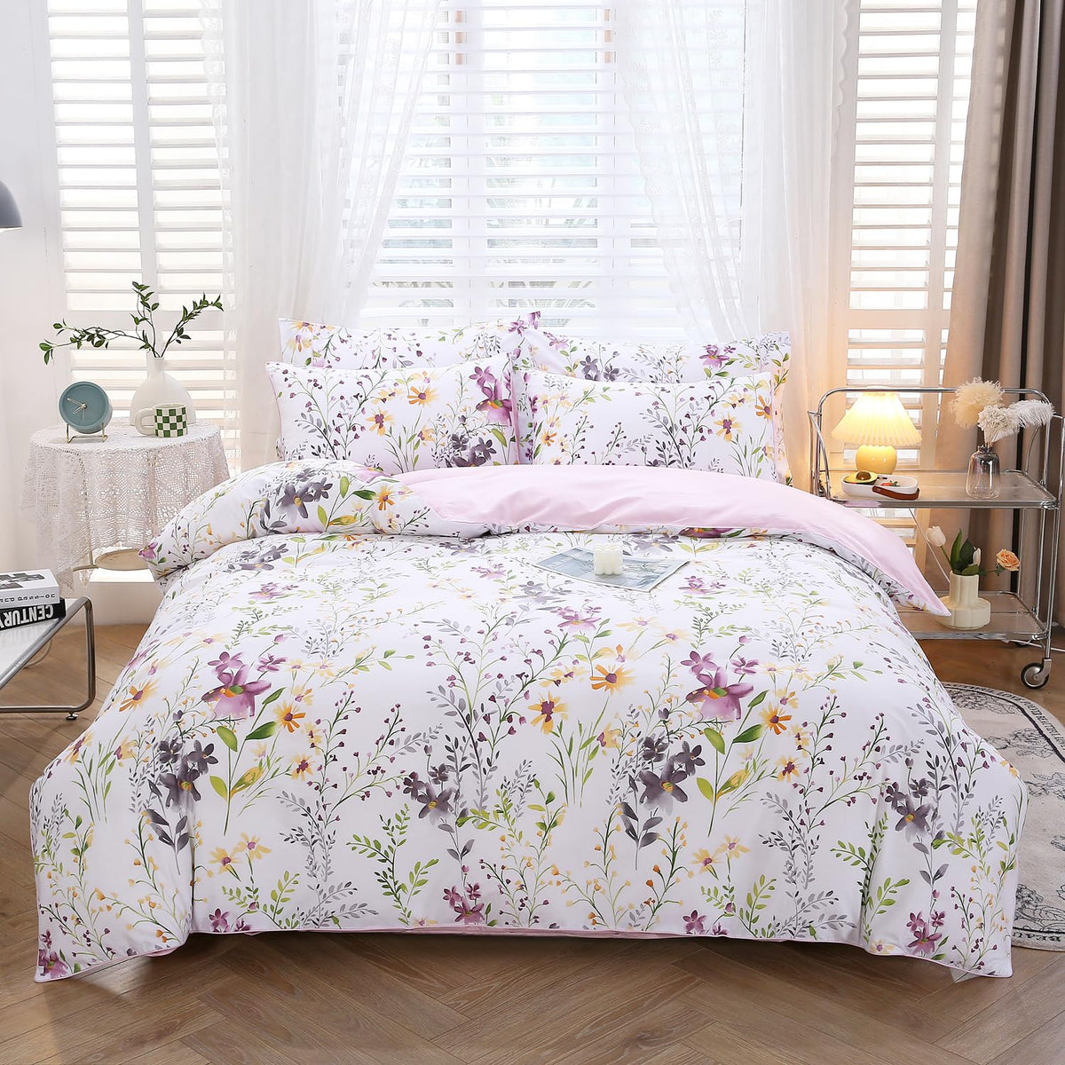 URBONUR 100% Cotton Floral Queen Duvet Cover Set 3-Pieces Botanical Bedding