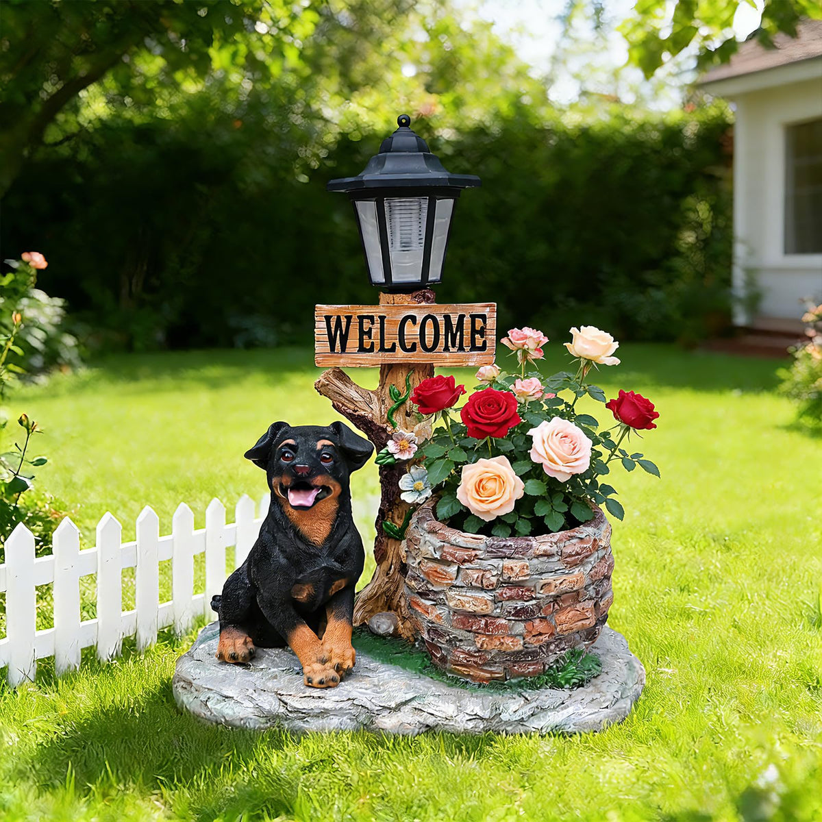 Solar Rottweiler Dog Statue with Welcome Sign & Lantern, 2 Dogs Garden Figurine Planter Pot, Realistic Outdoor LED Light for Porch, Yard Art & Lawn Decor, Unique Gift for Dog Lovers