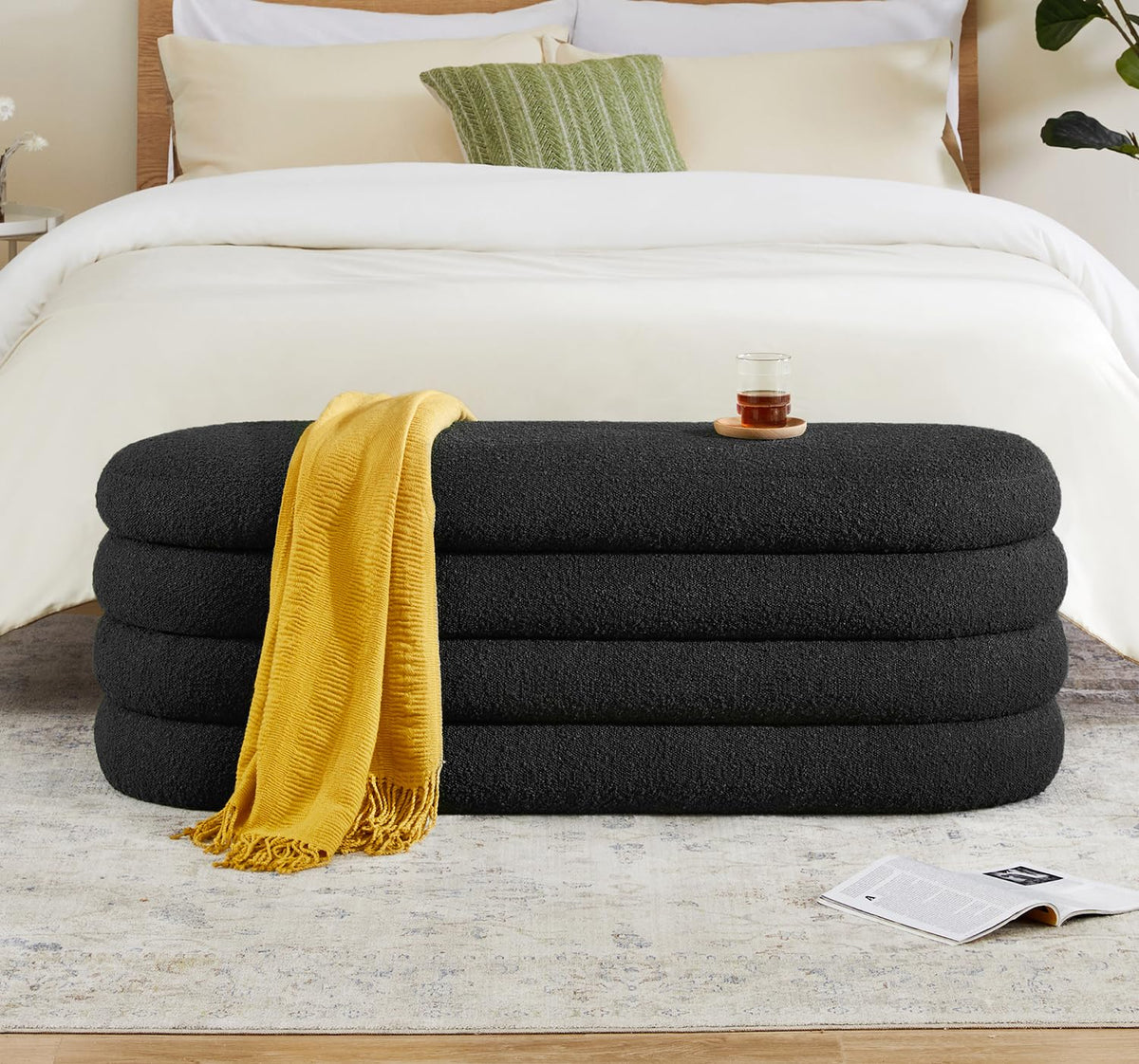 Busaurus Storage Ottoman Bench 49.2 Inch Upholstered Fabric Storage Bench for Bedroom End of Bed Aesthetic Large Oval Ottoman for Living Room Entryway (Ivory)