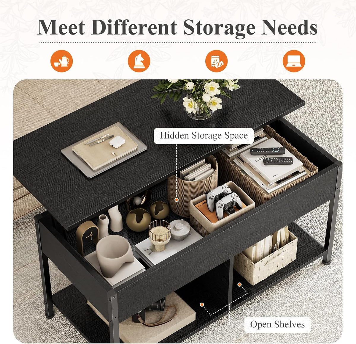 OLIXIS Coffee Table with Storage for Home Living Room Office, Black