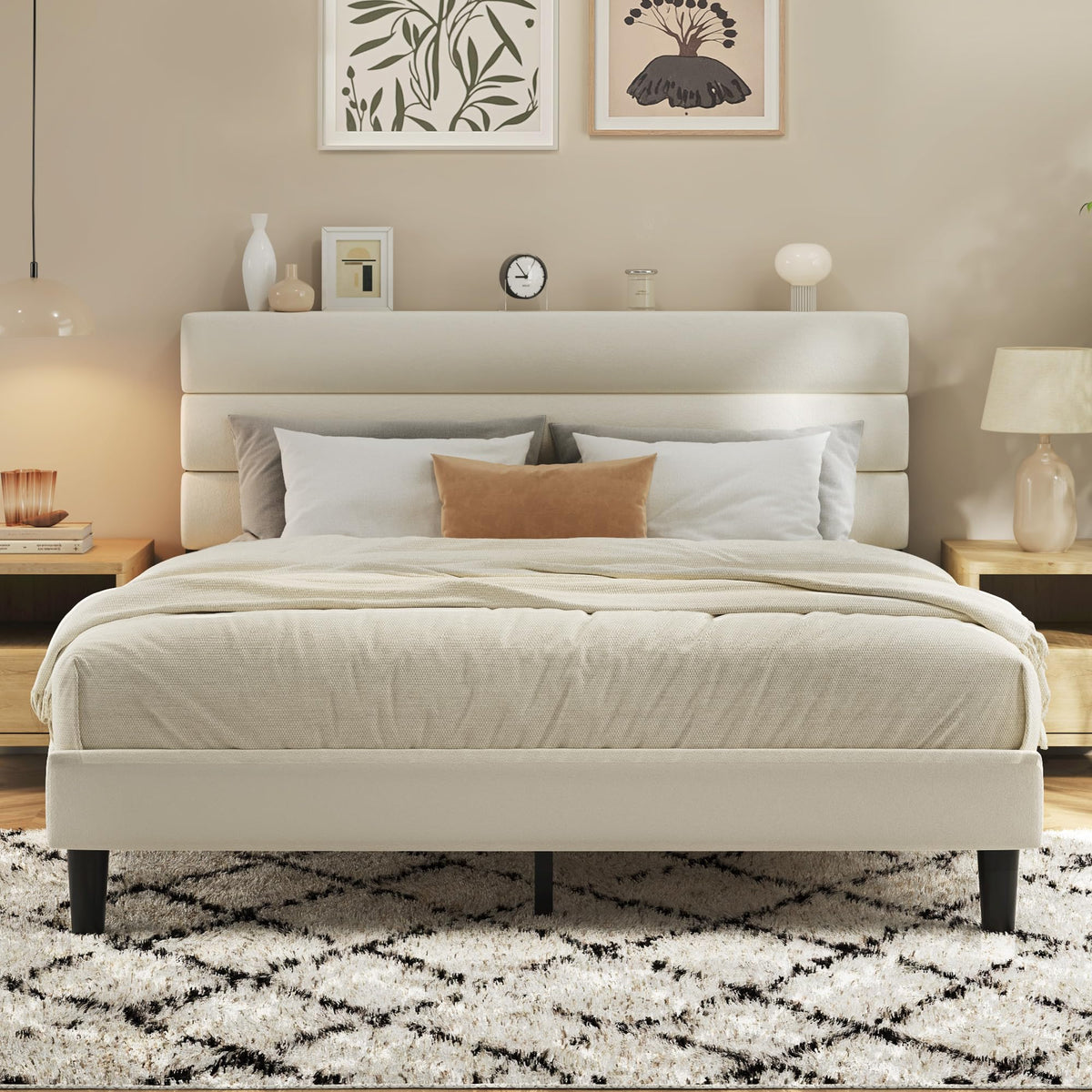 Fluest King Size Bed Frame, Platform Bed Frame with Velvet Upholstered Headboard, No Box Spring Needed, Sturdy Metal Support, Noise Free, Easy Assembly, Beige