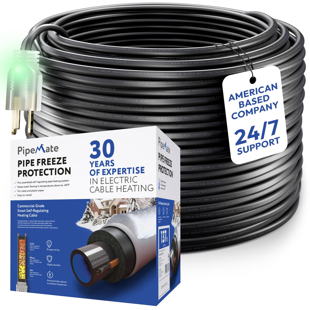 PipeMate Self Regulating Heat Cable for Pipe Freeze Protection, 120V, 5Watts/Ft, Electric Heating Cable for Water Pipes, 80 Ft Heat Tape