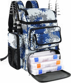 Fishing Tackle Backpack With Rod Holders,45L Large Tackle Bag & Fishing Tackle Backpack for Fishing,Camping, Hiking,Camouflage Blue
