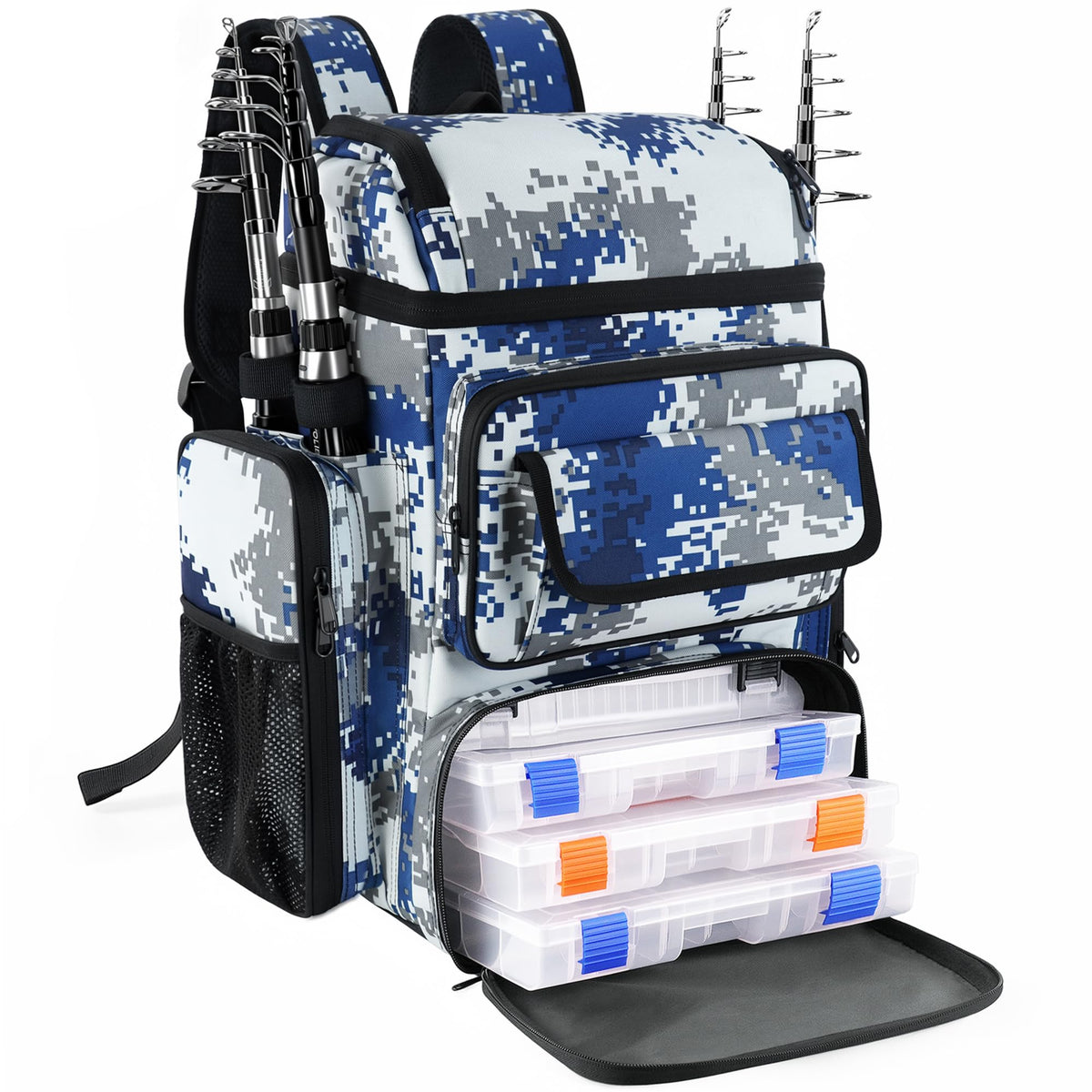 Fishing Tackle Backpack With Rod Holders,45L Large Tackle Bag & Fishing Tackle Backpack for Fishing,Camping, Hiking,Camouflage Blue