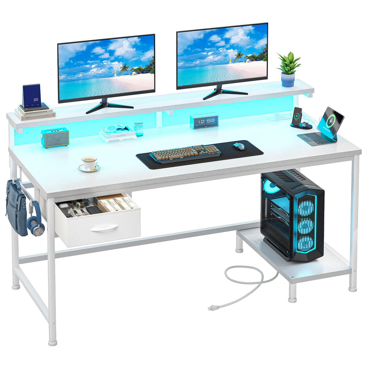 DurayLoly 47.2" Gaming Desk with Power Outlet and LED Lights,Bedroom,Black