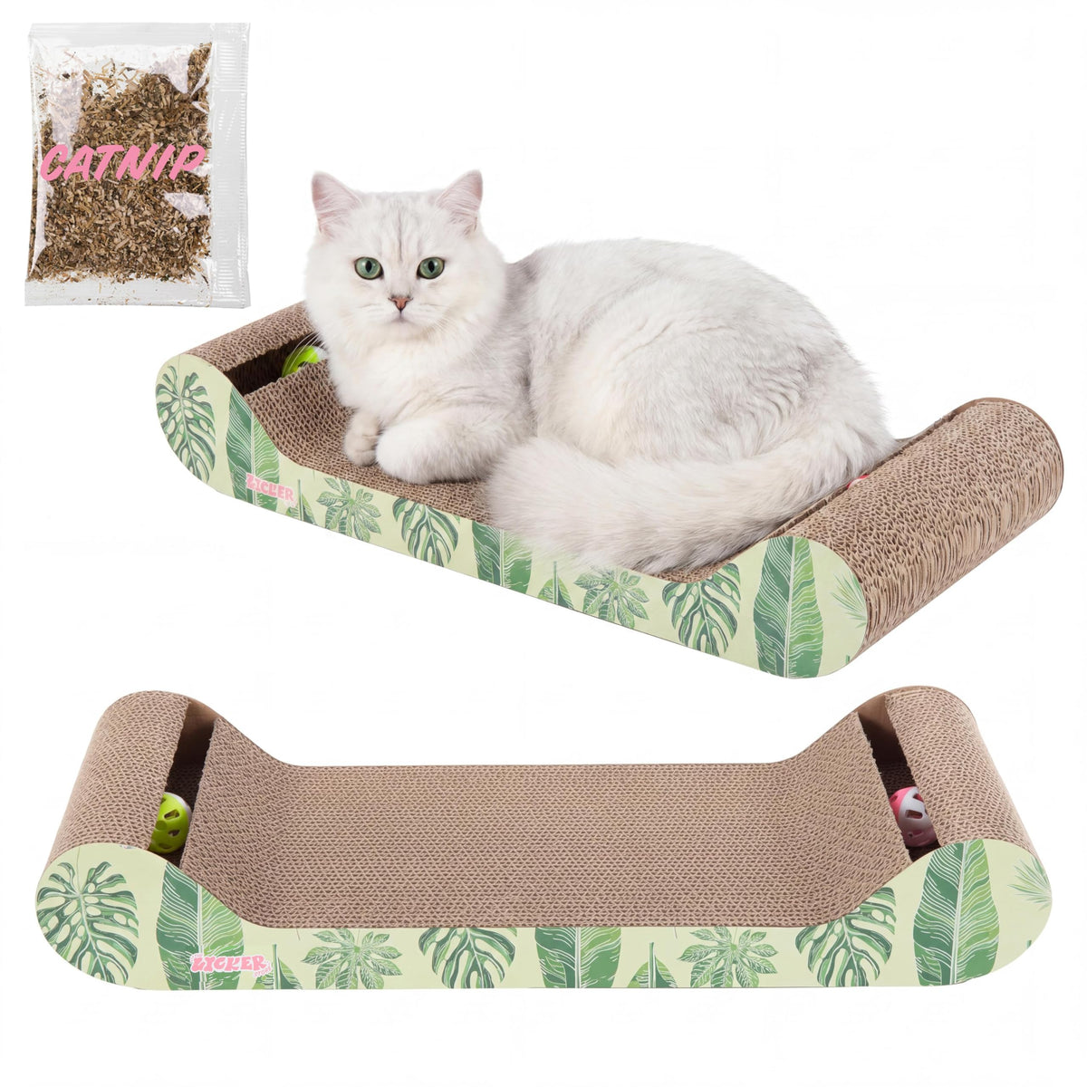 Rini 23.75" Modern Cardboard Cat Scratcher Lounge Bed with Built-in Bell Toys and Catnip, Ergonomic Curved Sofa Design, Oak Wood Finish, Set of 2 CSR1003C-SET2